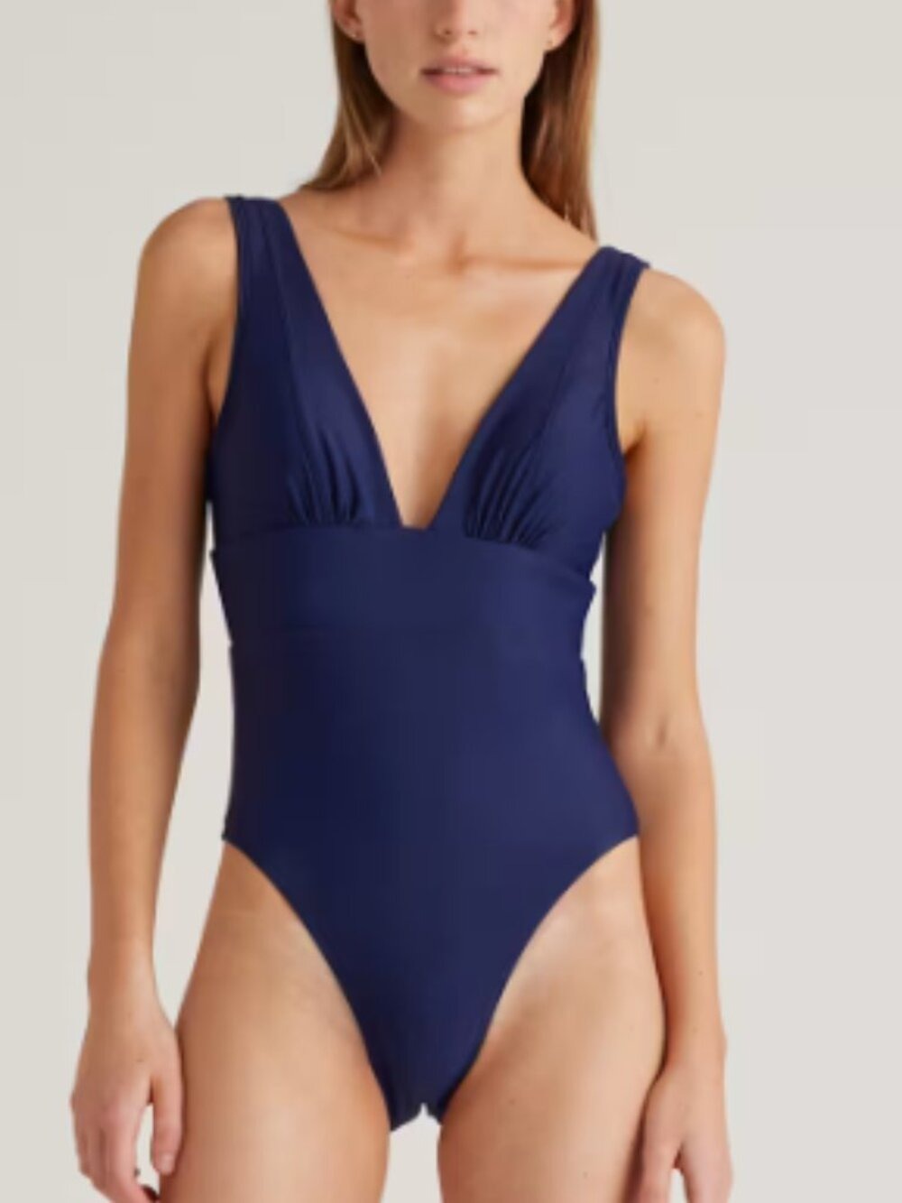 NEW Quince Italian Plunge One-Piece Swimsuit Size L in Deep Navy Coastal Travel